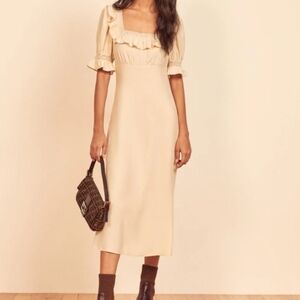 Reformation Stella Silk Ruffle Lace Trim Midi Dress Cream Size 2